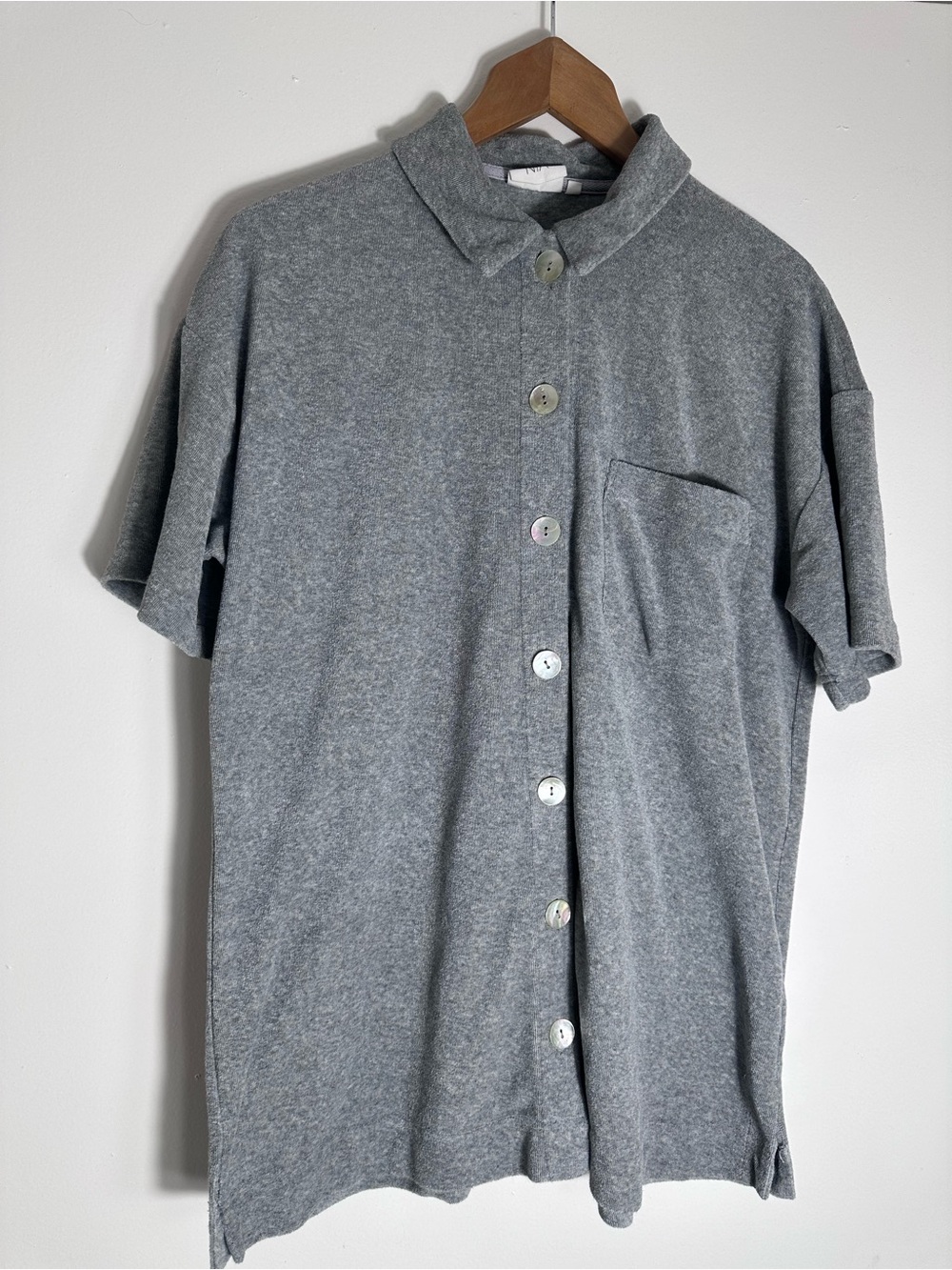 Short-Sleeve Button Front Shirt in Gray soft terry knit fabric